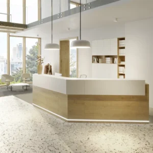 Empfangstheke – Modern gradlinige Ecklösung für geringen Platzbedarf