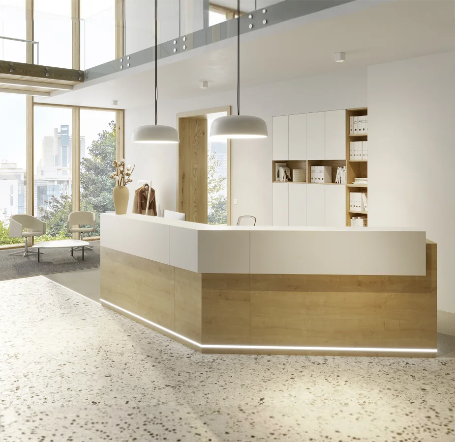 Empfangstheke – Modern gradlinige Ecklösung für geringen Platzbedarf